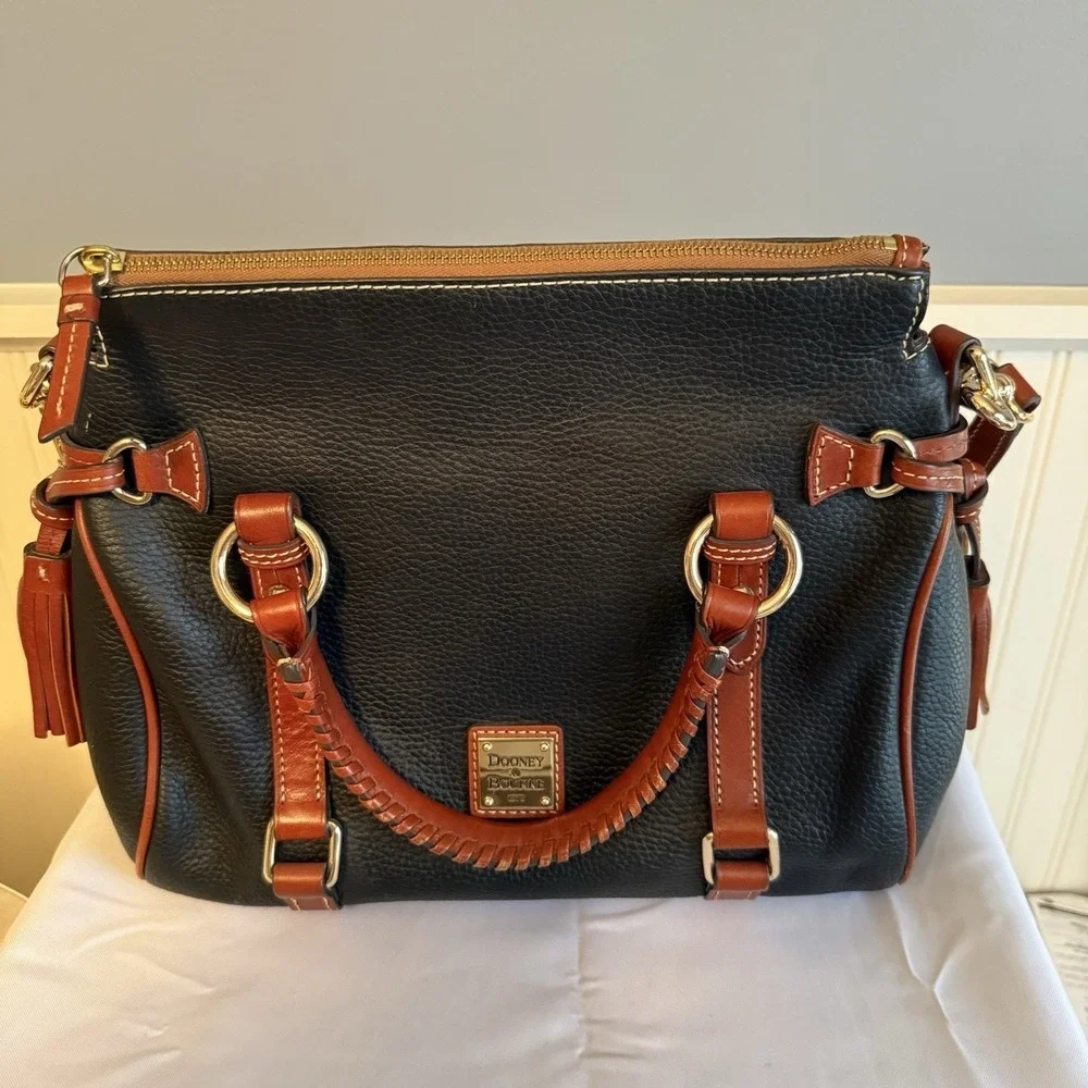 Dooney & Bourke Florentine Black Pebbled Leather Top Handle Satchel Bag Purse
